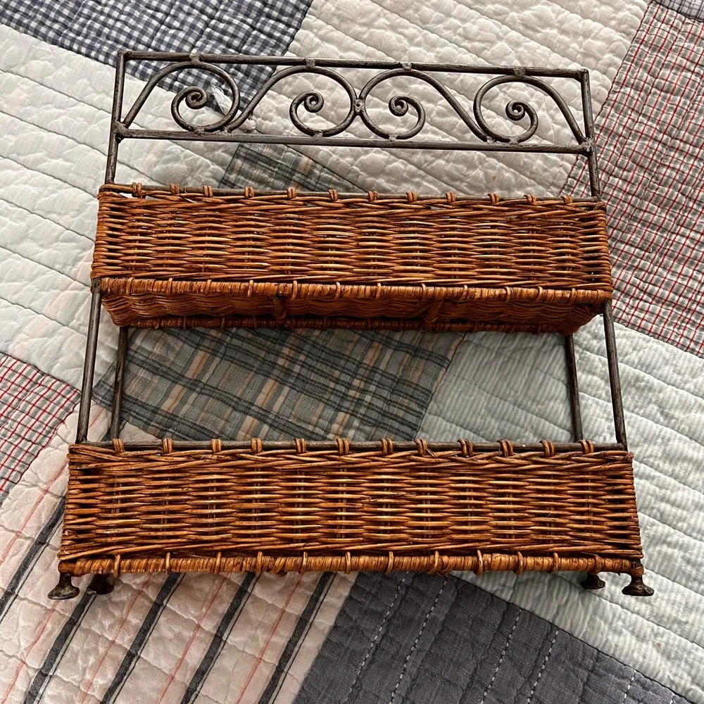 Two-Tier Wicker & Metal Basket Shelf – Farmhouse Organizer wrought iron